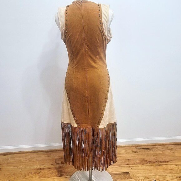 Designer Two Tone Suede Studded Fringe Midi Dress - Picture 5 of 7